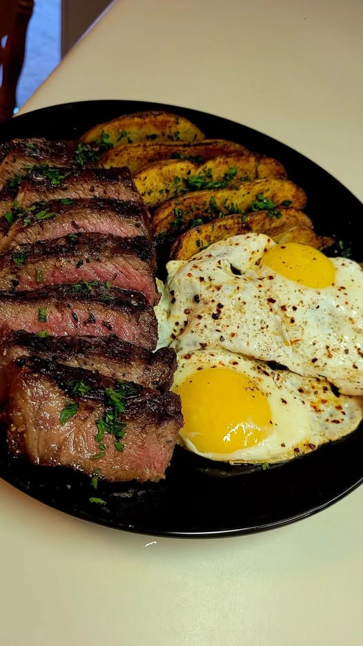 Steak & Eggs with Crispy Roasted Potato Wedges