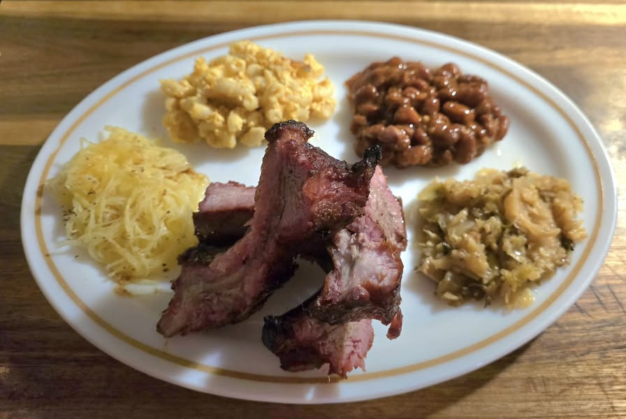 Smoked Baby Back Ruibs, Smoked Mac n Cheese, Cajun Pintos, Seasoned Cabbage,  and Spaghetti Squash