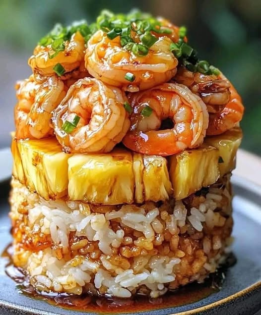 Teriyaki Shrimp and Pineapple Rice Stack